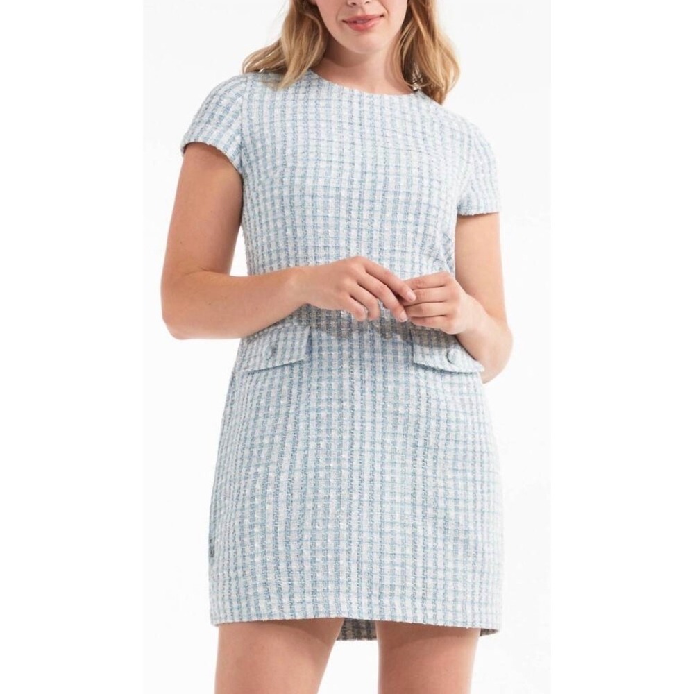 Hermoza Paola Tweed Dress Light Blue White Cap Sleeve Mini SU23-D-0061 Small
